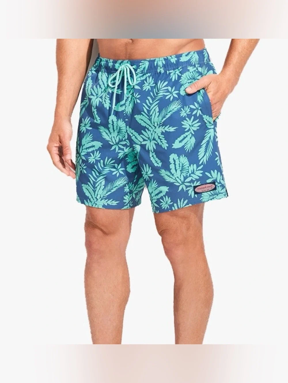 Vineyard Vines Men's Green and Blue Palm Leaf Printed Swim Trunks Size Small